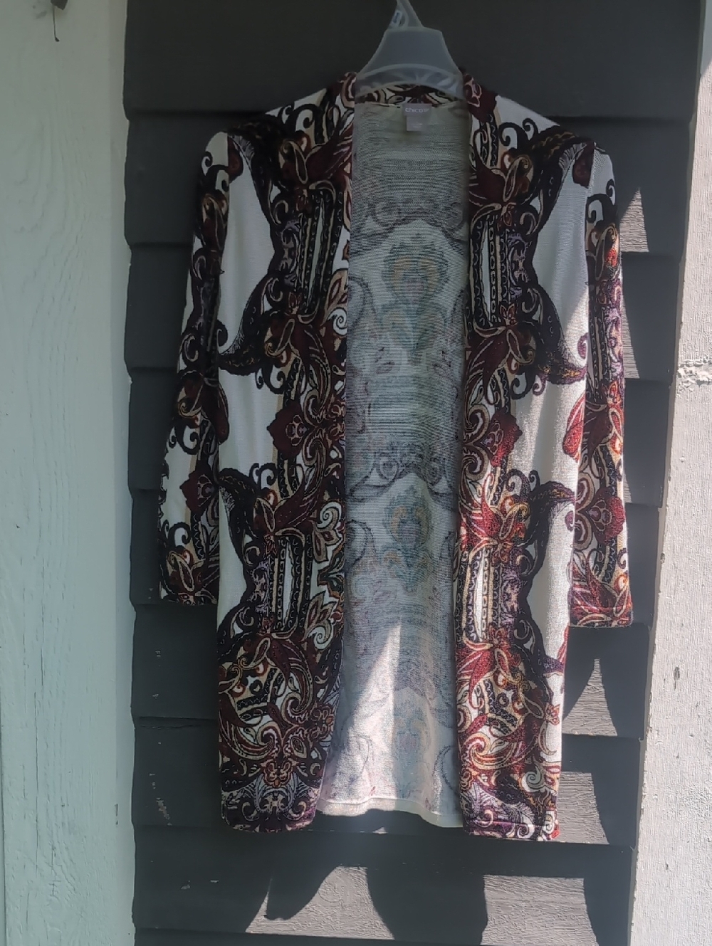 Chico's Open-Front Paisley Cardigan - White, Burgundy & Brown Size Medium